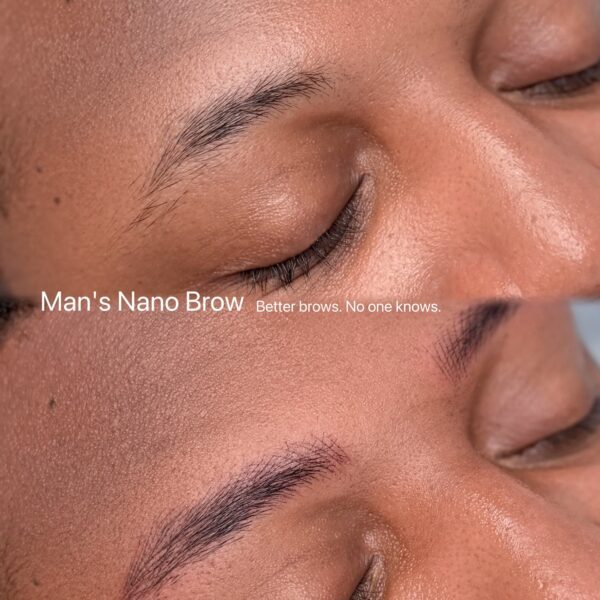 Before and after comparison of men's nano brow treatment at Sunnybrow LA — sparse natural brows on top, defined and fuller nano brows on bottom. Natural-looking results for male clients in Koreatown Los Angeles