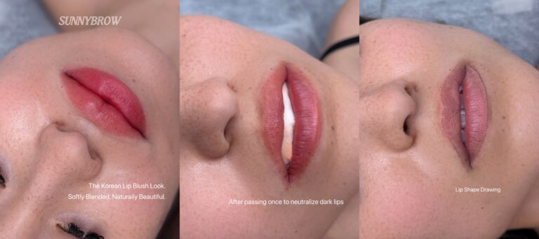 Step-by-step lip blush process at Sunnybrow LA in Koreatown: lip shape drawing, dark lip neutralization, and finished Korean lip blush result