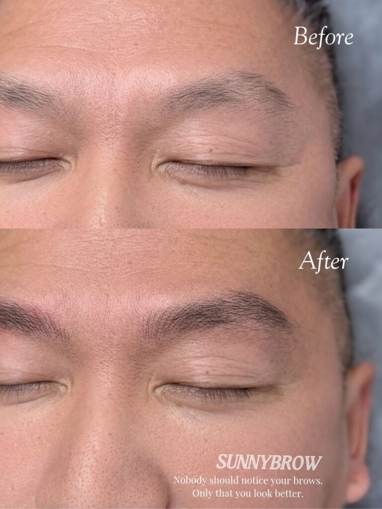 Men's nano brows before and after — natural brow shape correction on Asian male client at Sunnybrow LA