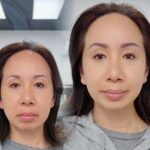 Before and after nano brows correcting an old eyebrow tattoo, in Los Angeles