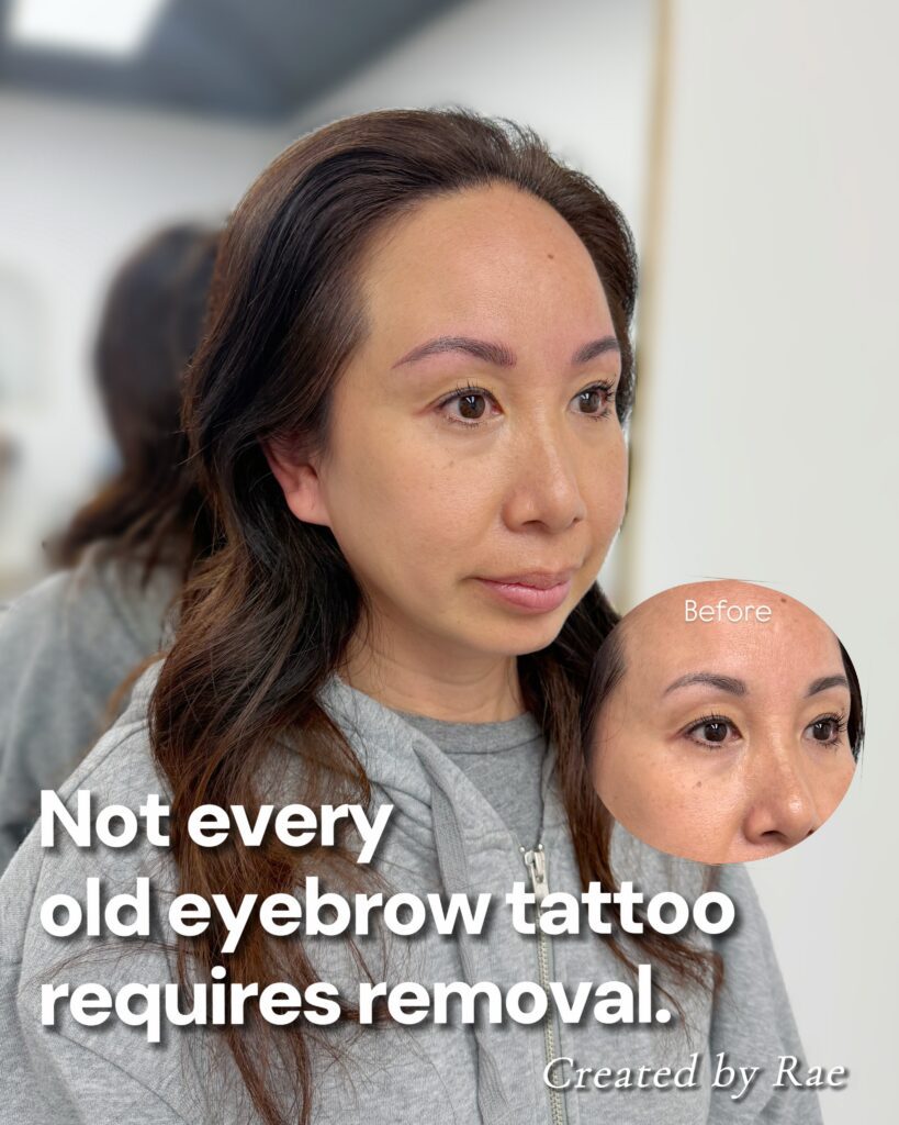 Before and after nano brows correcting an old eyebrow tattoo, side angle in Los Angeles