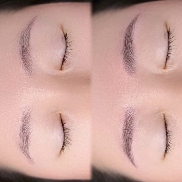 Natural nano brows before and after with hair strokes at Sunny Brow Los Angeles