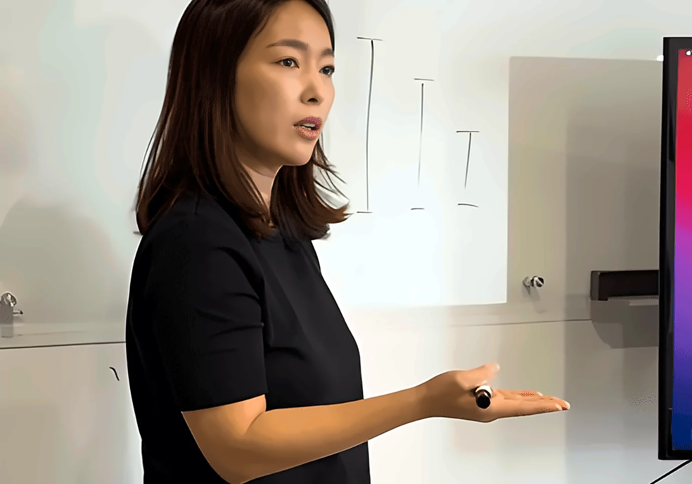Lead educator Sunny teaching eyebrow design theory at the whiteboard during a permanent makeup class at SUNNYBROW Academy, Los Angeles